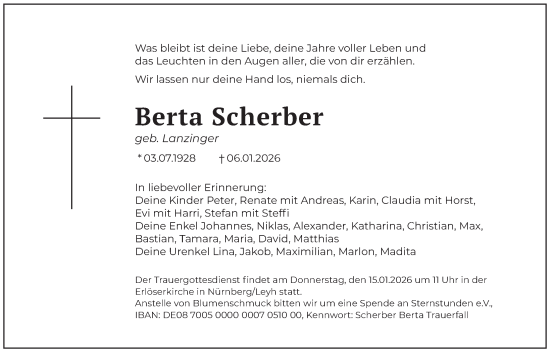 Traueranzeige von Berta Scherber von Gesamtausgabe Nürnberger Nachrichten/ Nürnberger Ztg.