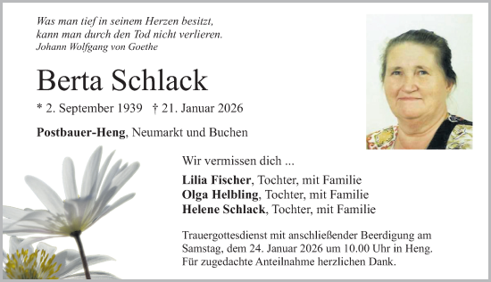 Traueranzeige von Berta Schlack von Neumarkter Nachrichten Lokal