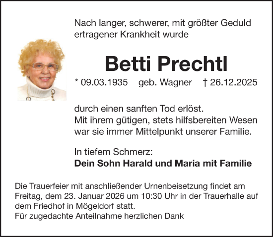 Traueranzeige von Betti Prechtl von Gesamtausgabe Nürnberger Nachrichten/ Nürnberger Ztg.