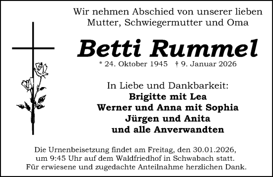 Traueranzeige von Betti Rummel von Schwabacher Tagblatt Lokal
