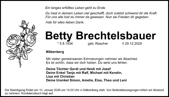 Traueranzeige von Betty Brechtelsbauer von Roth-Hilpoltsteiner Volkszeitung/ Schwabach