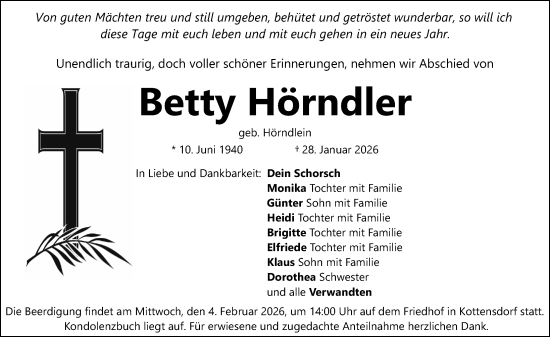 Traueranzeige von Betty Hörndler von Schwabacher Tagblatt Lokal