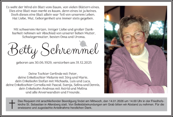 Traueranzeige von Betty Schremmel von Roth-Hilpoltsteiner Volkszeitung Lokal