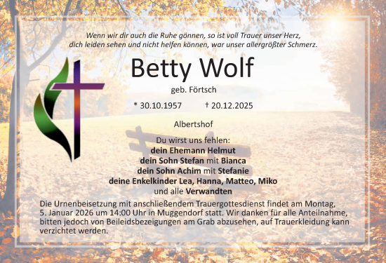Traueranzeige von Betty Wolf von Nordbayerische Nachrichten Forchheim Lokal