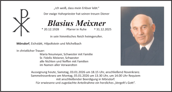 Traueranzeige von Blasius Meixner von Gesamtausgabe Nürnberger Nachrichten/ Nürnberger Ztg.