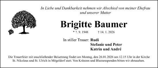 Traueranzeige von Brigitte Baumer von Gesamtausgabe Nürnberger Nachrichten/ Nürnberger Ztg.