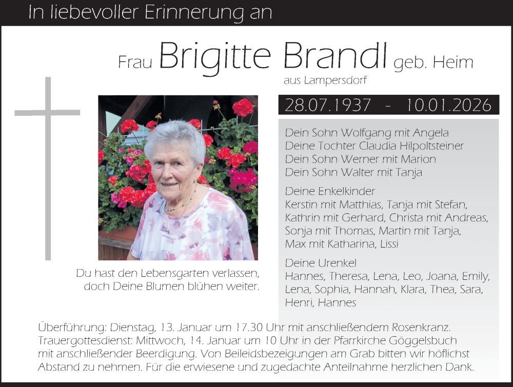  Traueranzeige für Brigitte Brandl vom 13.01.2026 aus Roth-Hilpoltsteiner Volkszeitung Lokal