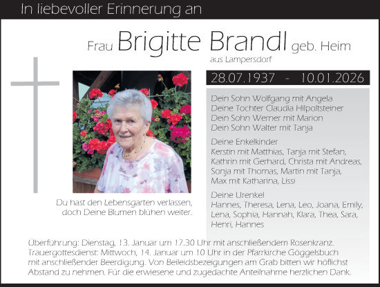 Traueranzeige von Brigitte Brandl von Roth-Hilpoltsteiner Volkszeitung Lokal