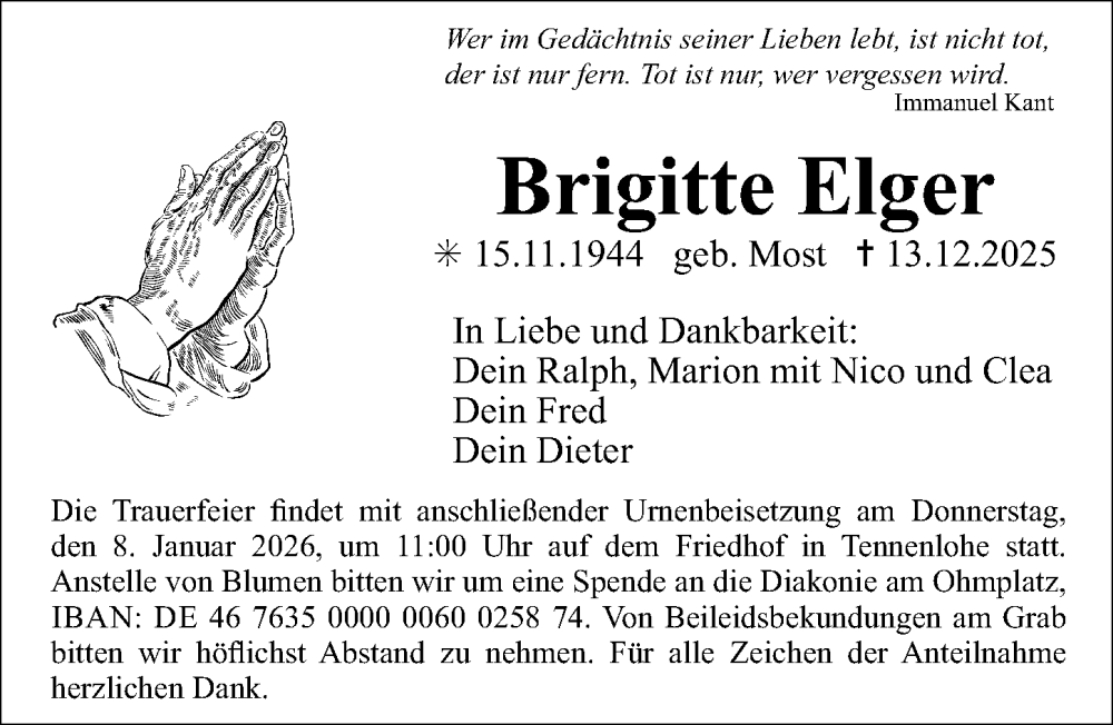  Traueranzeige für Brigitte Elger vom 03.01.2026 aus Erlanger Nachrichten Lokal
