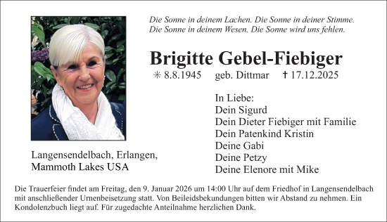 Traueranzeige von Brigitte Gebel-Fiebiger von Erlanger Nachrichten Lokal