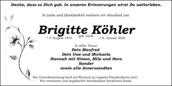 Traueranzeige von Brigitte Köhler von Schwabacher Tagblatt Lokal