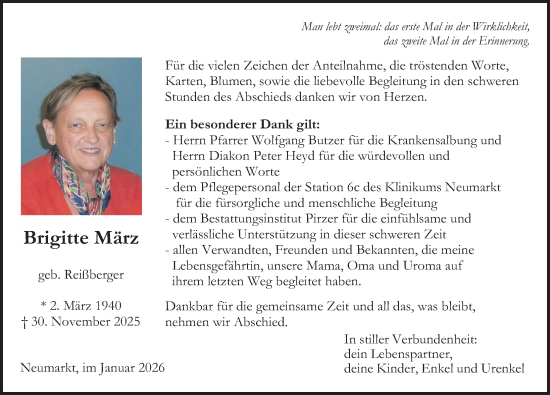 Traueranzeige von Brigitte März von Neumarkter Nachrichten Lokal