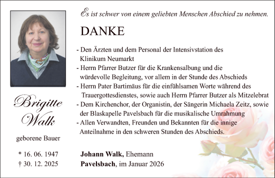 Traueranzeige von Brigitte Walk von Neumarkter Nachrichten Lokal