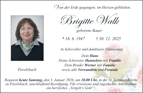 Traueranzeige von Brigitte Walk von Neumarkter Nachrichten Lokal