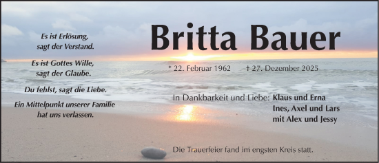Traueranzeige von Britta Bauer von Fürther Nachrichten Lokal