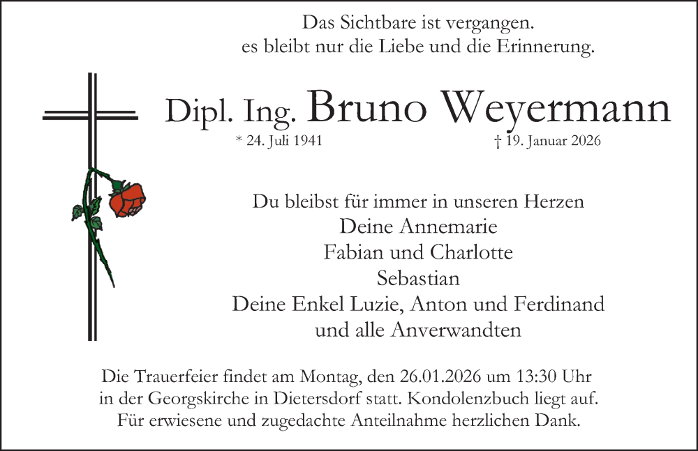  Traueranzeige für Bruno Weyermann vom 24.01.2026 aus Schwabacher Tagblatt Lokal