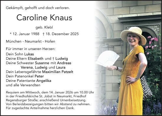 Traueranzeige von Caroline Knaus von Neumarkter Nachrichten Lokal
