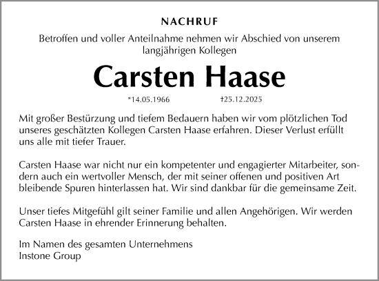 Traueranzeige von Carsten Haase von Gesamtausgabe Nürnberger Nachrichten/ Nürnberger Ztg.
