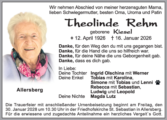 Traueranzeige von Theolinde Rehm von Roth-Hilpoltsteiner Volkszeitung Lokal
