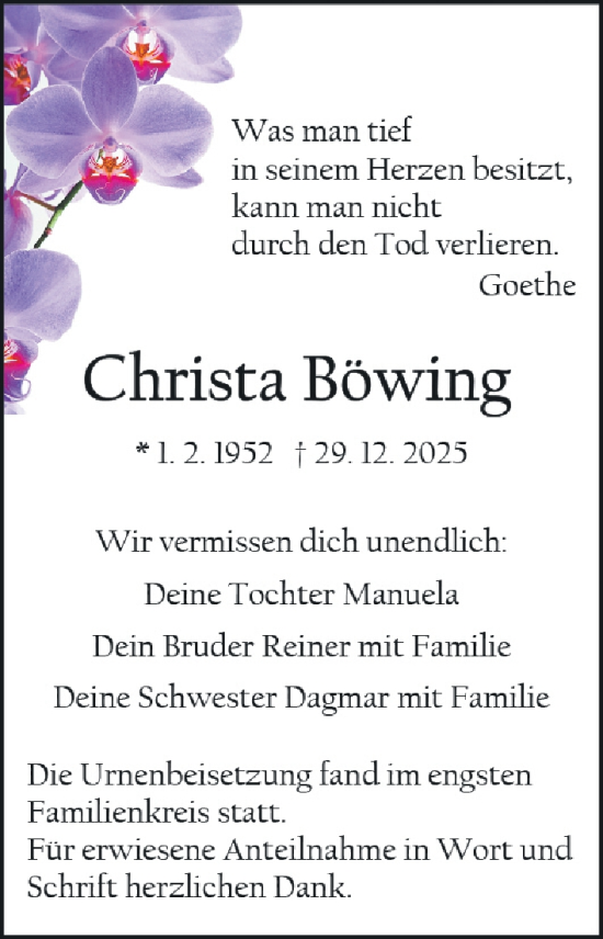 Traueranzeige von Christa Böwing von Gesamtausgabe Nürnberger Nachrichten/ Nürnberger Ztg.