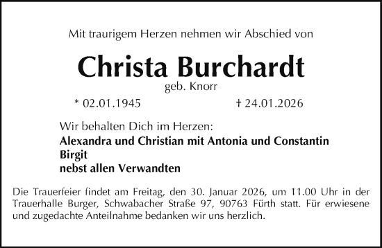 Traueranzeige von Christa Burchardt von Gesamtausgabe Nürnberger Nachrichten/ Nürnberger Ztg.