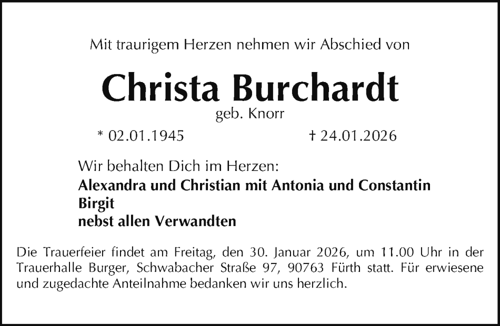  Traueranzeige für Christa Burchardt vom 28.01.2026 aus Gesamtausgabe Nürnberger Nachrichten/ Nürnberger Ztg.