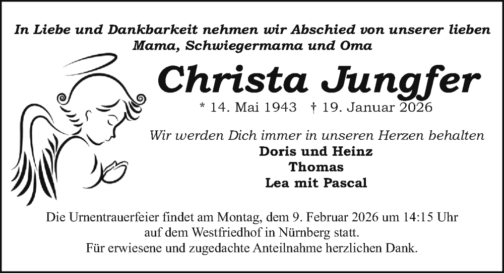  Traueranzeige für Christa Jungfer vom 31.01.2026 aus Gesamtausgabe Nürnberger Nachrichten/ Nürnberger Ztg.