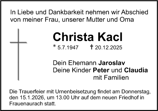Traueranzeige von Christa Kacl von Erlanger Nachrichten Lokal