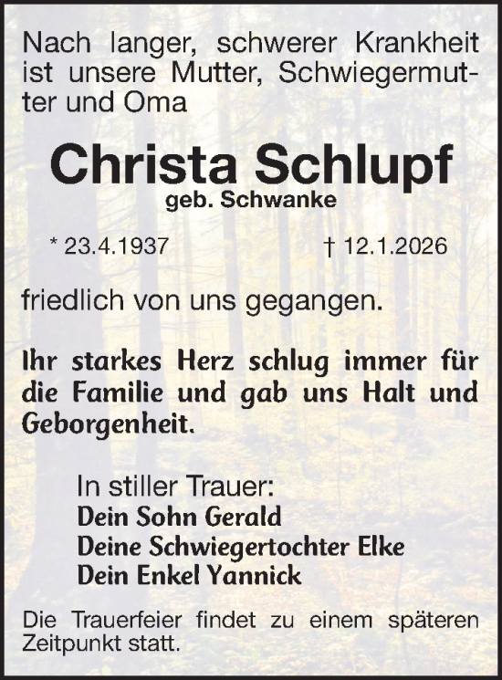 Traueranzeige von Christa Schlupf von Gesamtausgabe Nürnberger Nachrichten/ Nürnberger Ztg.