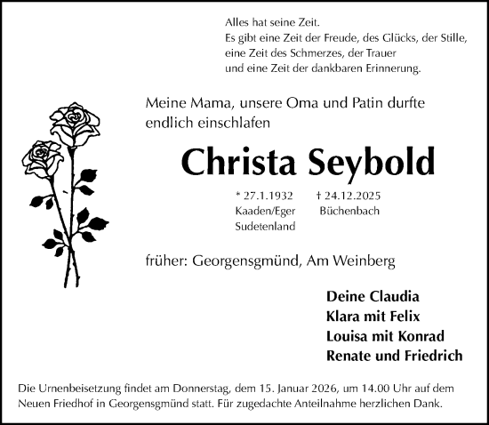 Traueranzeige von Christa Seybold von Roth-Hilpoltsteiner Volkszeitung Lokal