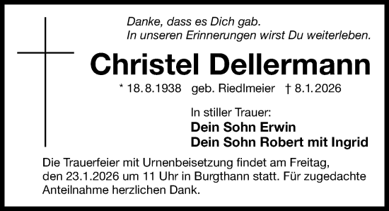 Traueranzeige von Christel Dellermann von Gesamtausgabe Nürnberger Nachrichten/ Nürnberger Ztg.