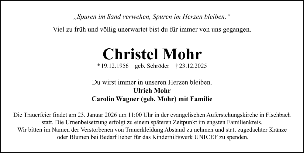  Traueranzeige für Christel Mohr vom 17.01.2026 aus Gesamtausgabe Nürnberger Nachrichten/ Nürnberger Ztg.