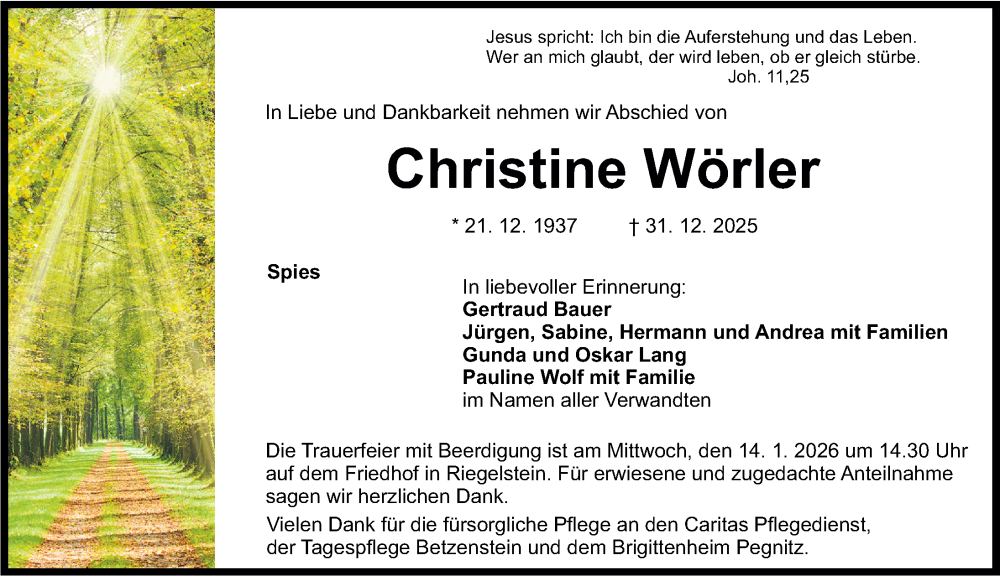  Traueranzeige für Christine Wörler vom 10.01.2026 aus Nordbayerische Nachrichten Pegnitz Lokal