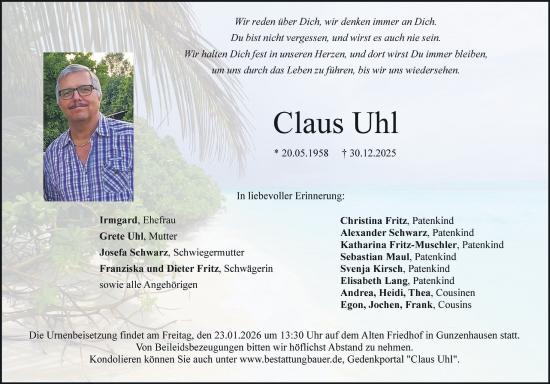 Traueranzeige von Claus Uhl von Altmühl-Bote Lokal