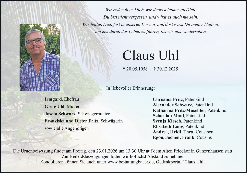  Traueranzeige für Claus Uhl vom 20.01.2026 aus Altmühl-Bote Lokal
