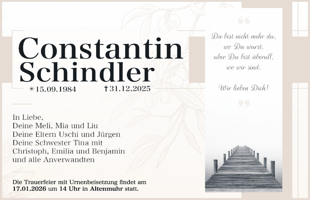  Traueranzeige für Constantin Schindler vom 10.01.2026 aus Altmühl-Bote Lokal