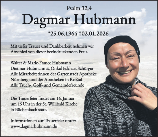 Traueranzeige von Dagmar Hubmann von Gesamtausgabe Nürnberger Nachrichten/ Nürnberger Ztg.