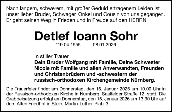 Traueranzeige von Detlef Ioann Sohr von G,HFN,HRHV