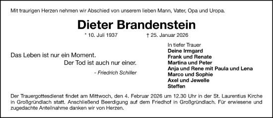 Traueranzeige von Dieter Brandenstein von Gesamtausgabe Nürnberger Nachrichten/ Nürnberger Ztg.