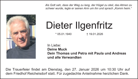 Traueranzeige von Dieter Ilgenfritz von Gesamtausgabe Nürnberger Nachrichten/ Nürnberger Ztg.