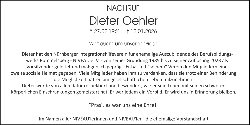  Traueranzeige für Dieter Oehler vom 29.01.2026 aus Gesamtausgabe Nürnberger Nachrichten/ Nürnberger Ztg.
