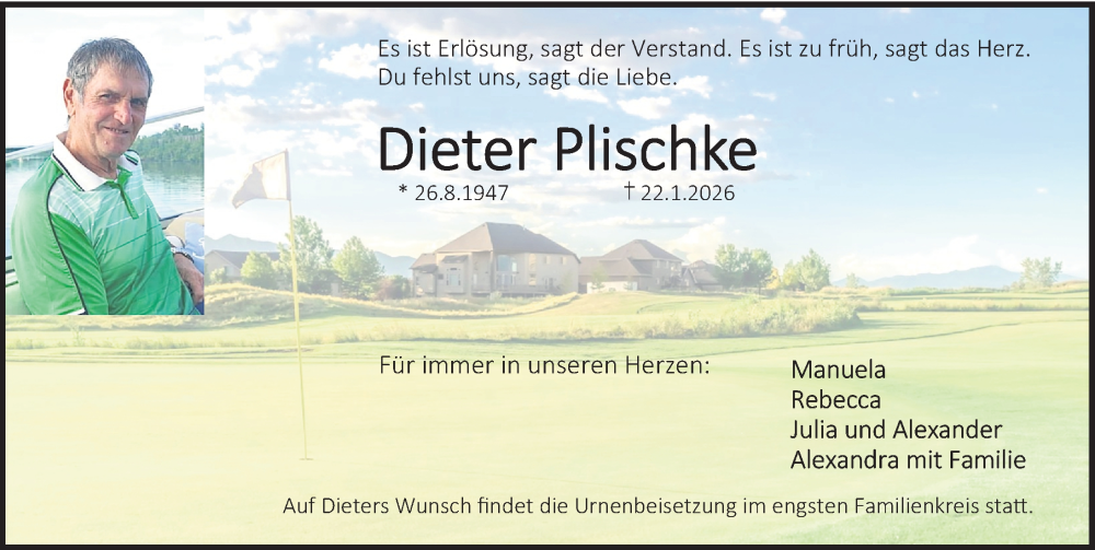  Traueranzeige für Dieter Plischke vom 31.01.2026 aus Erlanger Nachrichten Lokal