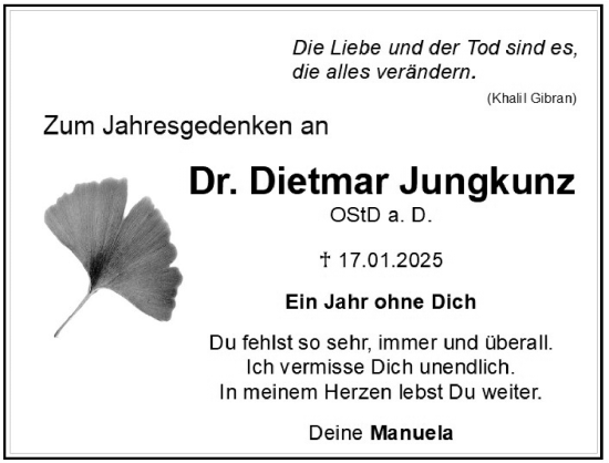 Traueranzeige von Dietmar Jungkunz von Gesamtausgabe Nürnberger Nachrichten/ Nürnberger Ztg.
