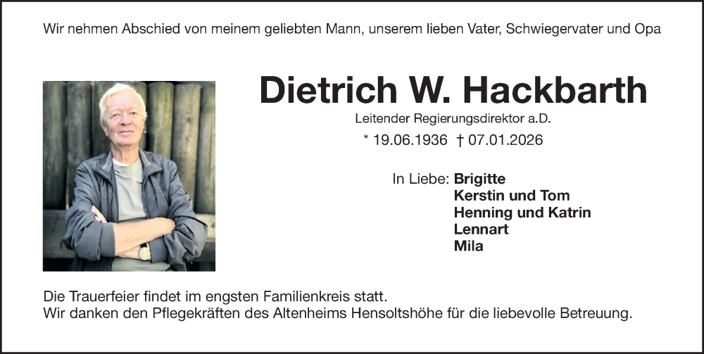  Traueranzeige für Dietrich W. Hackbarth vom 17.01.2026 aus Gesamtausgabe Nürnberger Nachrichten/ Nürnberger Ztg.