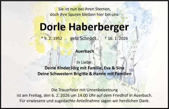 Traueranzeige von Dorle Haberberger von Nordbayerische Nachrichten Pegnitz Lokal