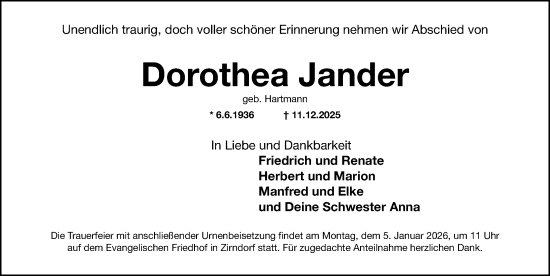 Traueranzeige von Dorothea Jander von Fürther Nachrichten Lokal