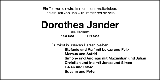 Traueranzeige von Dorothea Jander von Fürther Nachrichten Lokal