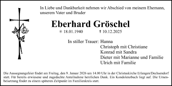 Traueranzeige von Eberhard Gröschel von Erlanger Nachrichten Lokal