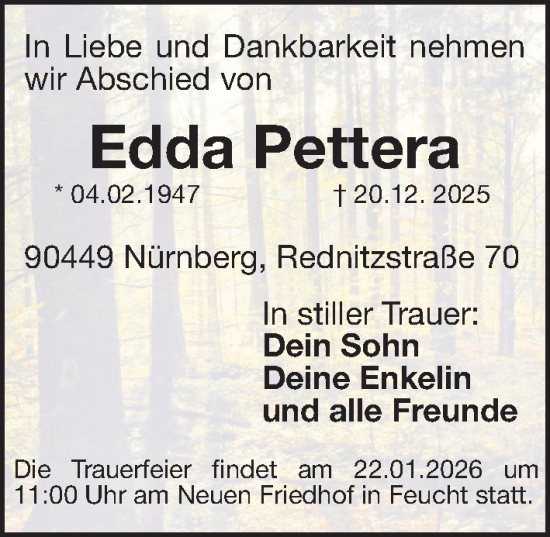 Traueranzeige von Edda Pettera von Gesamtausgabe Nürnberger Nachrichten/ Nürnberger Ztg.