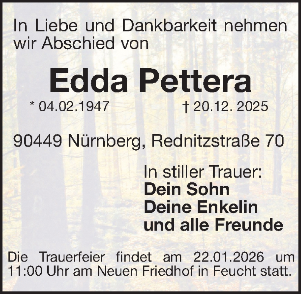  Traueranzeige für Edda Pettera vom 12.01.2026 aus Gesamtausgabe Nürnberger Nachrichten/ Nürnberger Ztg.